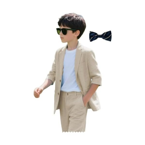 Boy Summer Linen Suit for Kids Slim Fit Beige Tuxedo Suits for Toddler Wedding Ring Bearer Outfit 2 Piece Jacket Pants Set